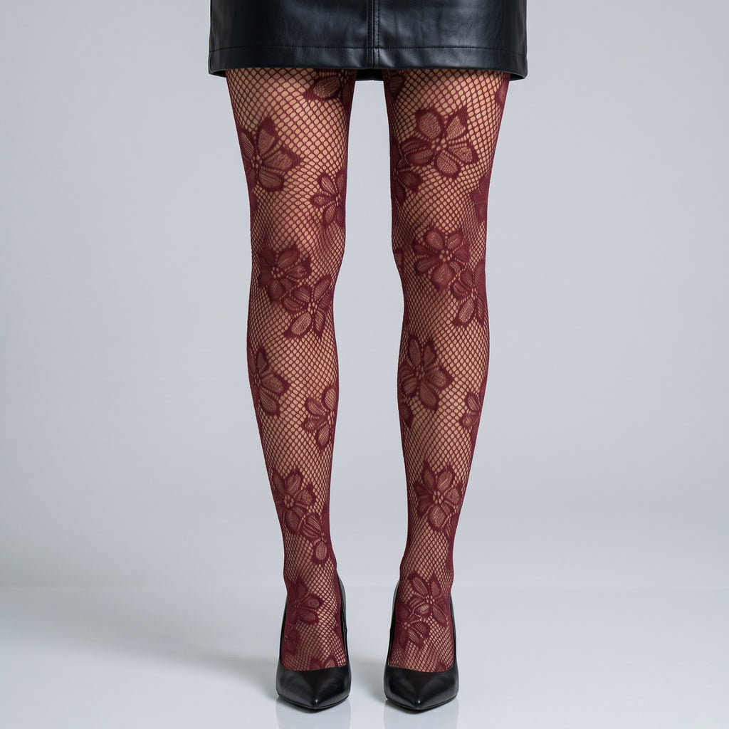 Collant Dentelle Florale Bordeaux - close-up jambes