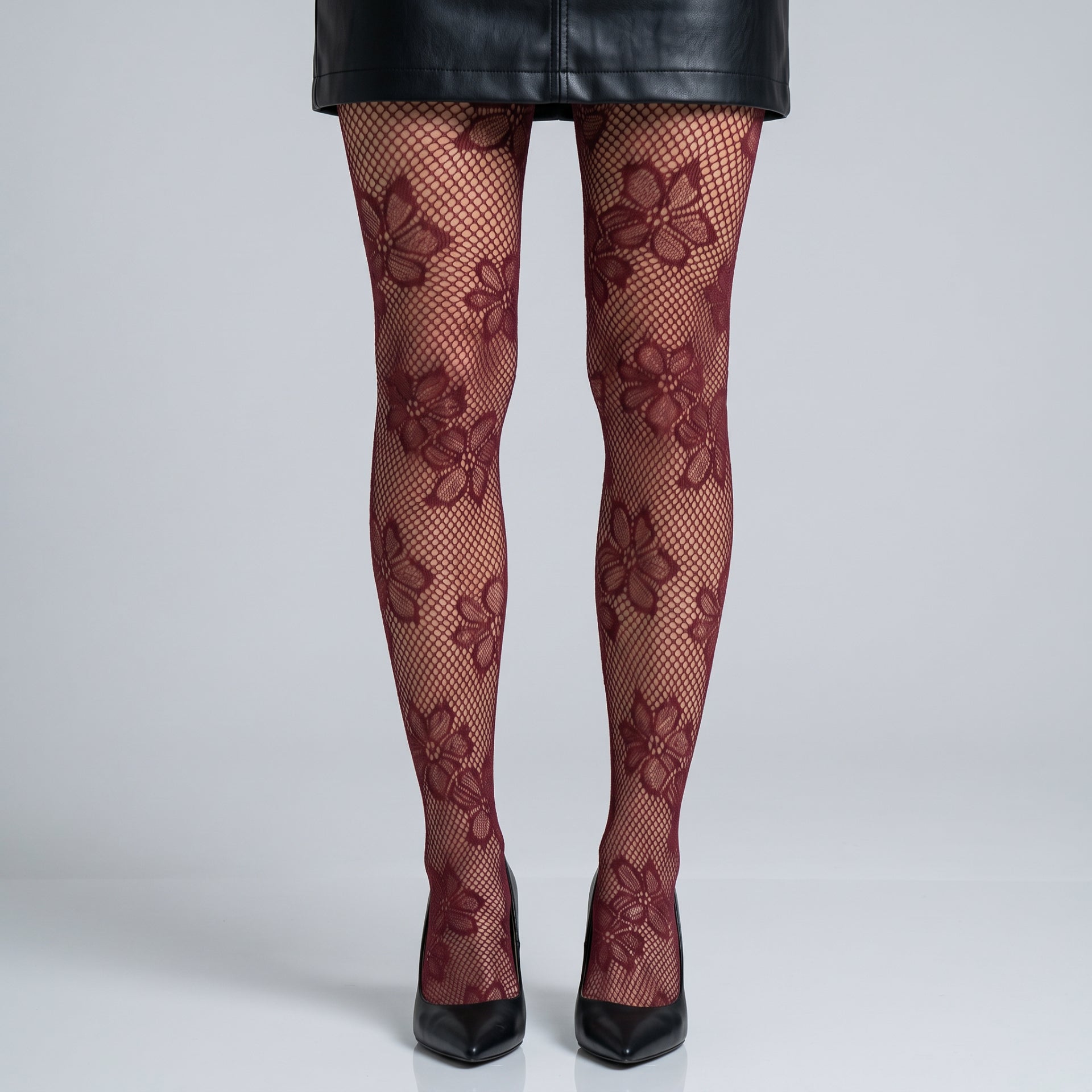 Collant Dentelle Florale Bordeaux - close-up jambes